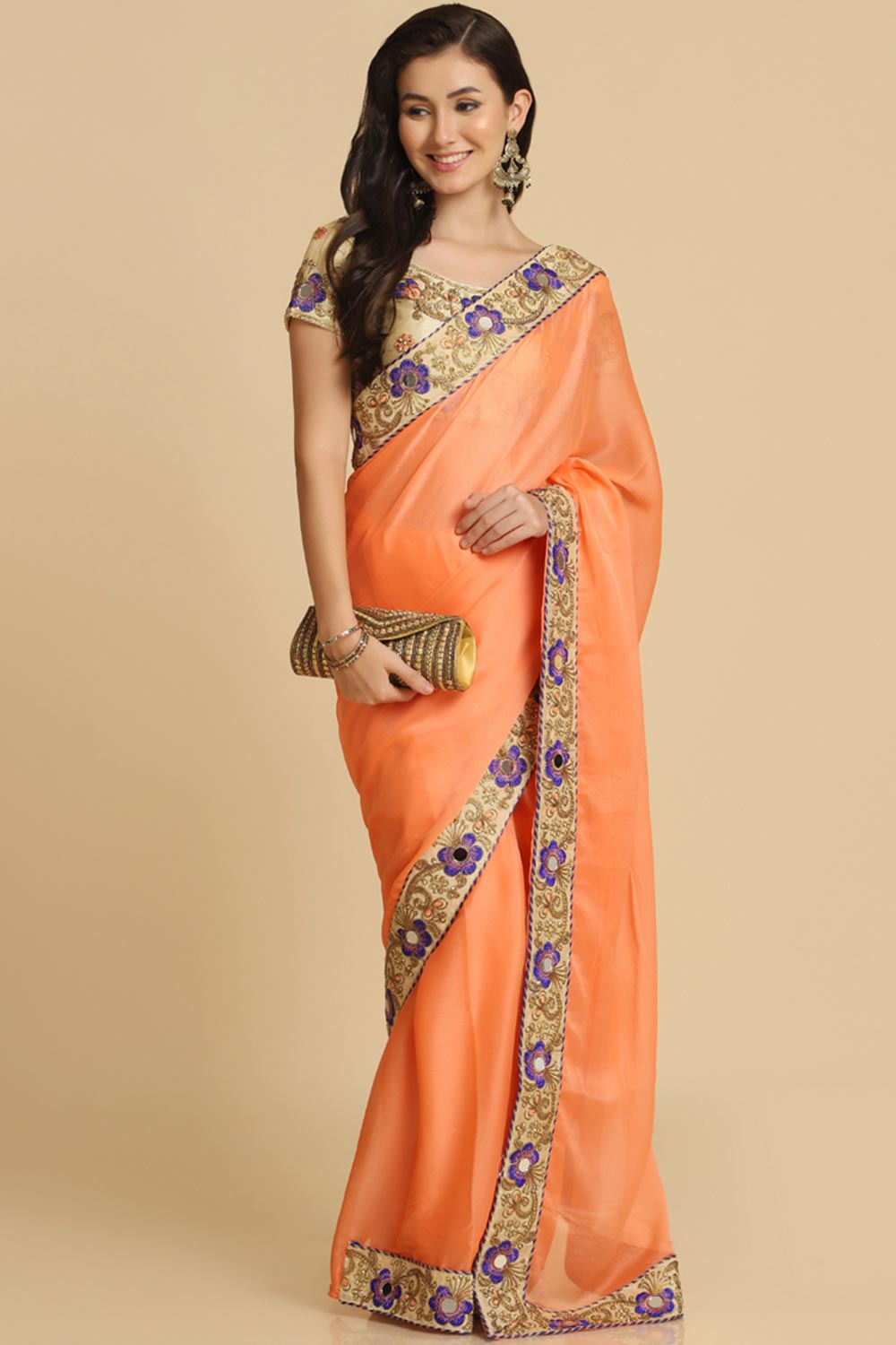 Buy Light Orange Resham Embroidery Chiffon Sarees Online - Front