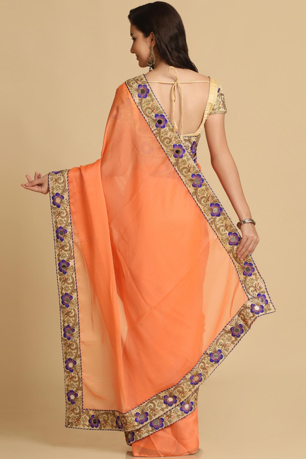 Buy Light Orange Resham Embroidery Chiffon Sarees Online - Zoom In