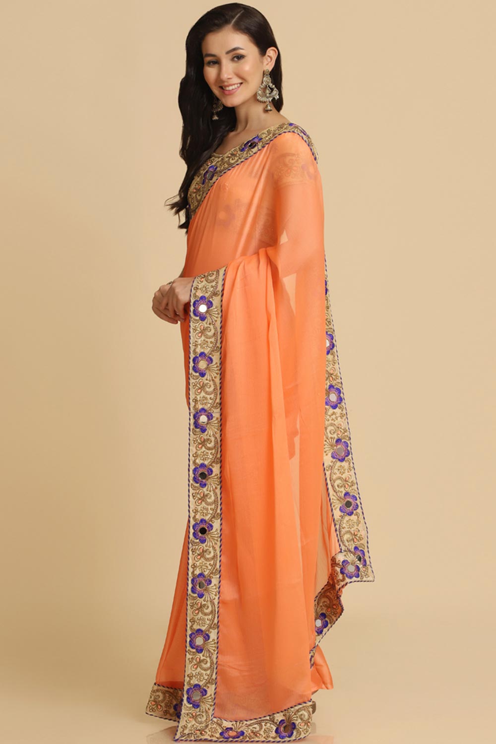 Buy Light Orange Resham Embroidery Chiffon Sarees Online - Zoom Out