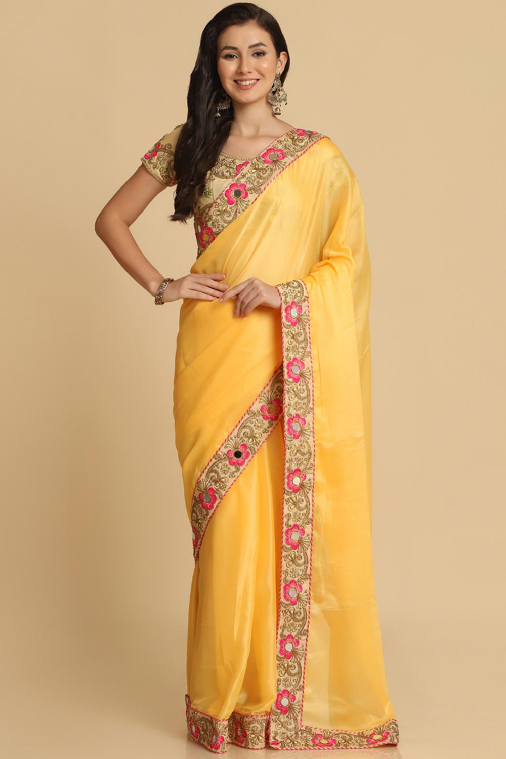 Buy Light Yellow Resham Embroidery Chiffon Sarees Online