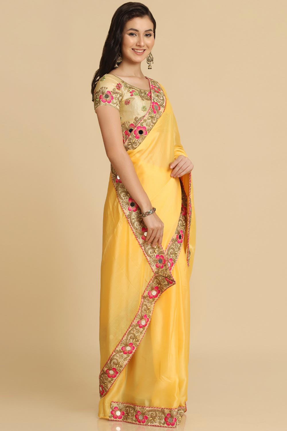 Buy Light Yellow Resham Embroidery Chiffon Sarees Online - Back