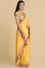 Buy Light Yellow Resham Embroidery Chiffon Sarees Online - Back