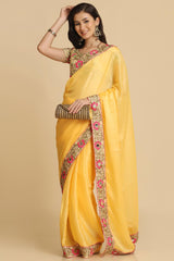 Buy Light Yellow Resham Embroidery Chiffon Sarees Online - Front