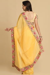 Buy Light Yellow Resham Embroidery Chiffon Sarees Online - Zoom In