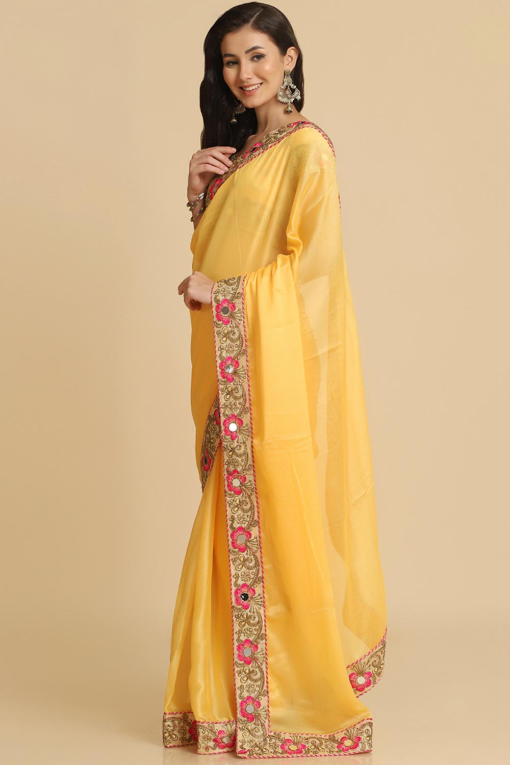 Buy Light Yellow Resham Embroidery Chiffon Sarees Online - Zoom Out