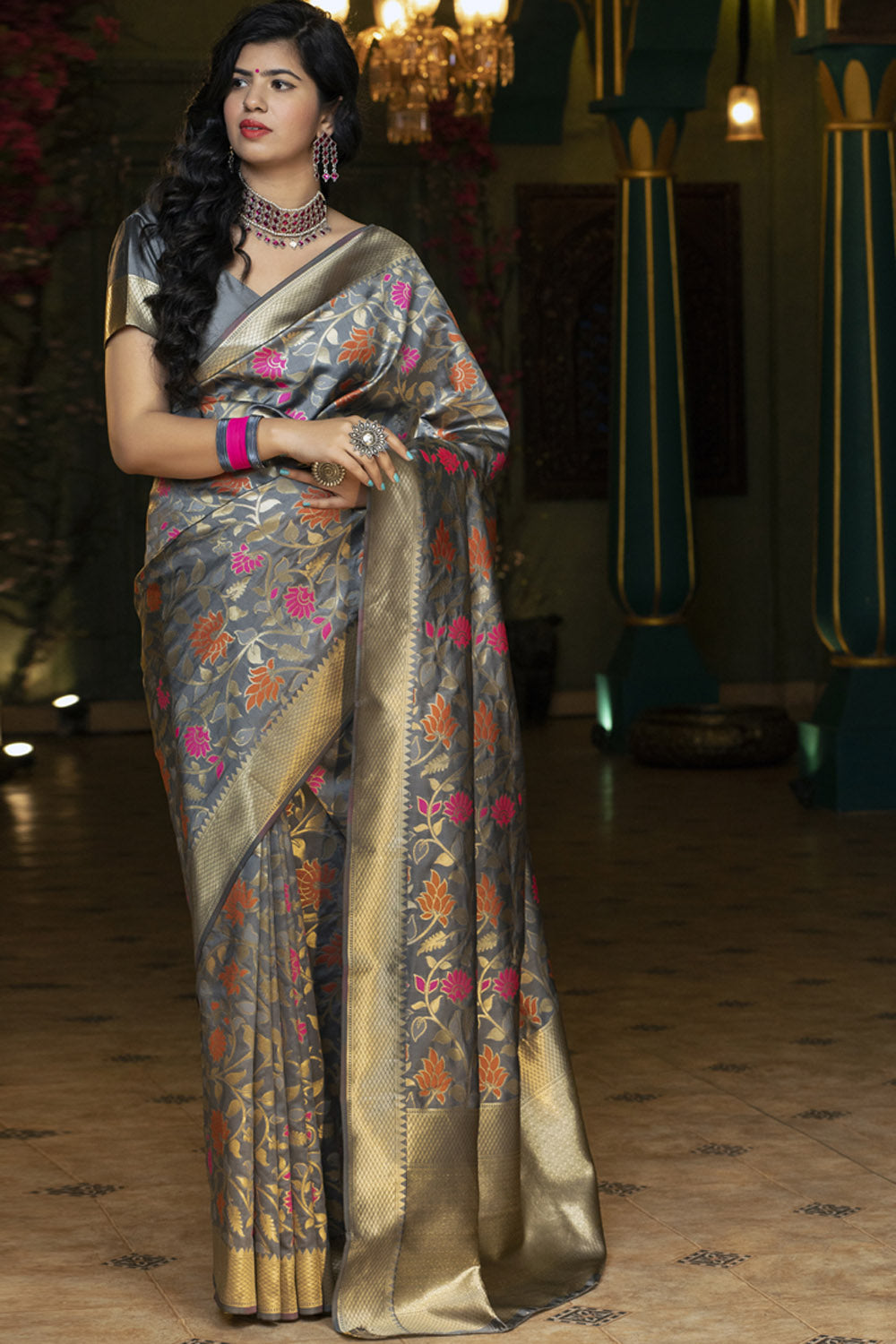 Buy Banarasi Art Silk Woven Saree In Light Grey