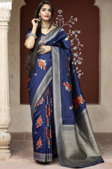 Buy Banarasi Art Silk Woven Saree In Navy Blue