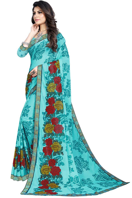 Buy Georgette Floral Printed Saree in Sky Blue Online - Back