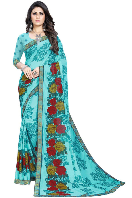 Buy Georgette Floral Printed Saree in Sky Blue Online