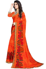 Buy Georgette Floral Printed Saree in Orange Online - Back