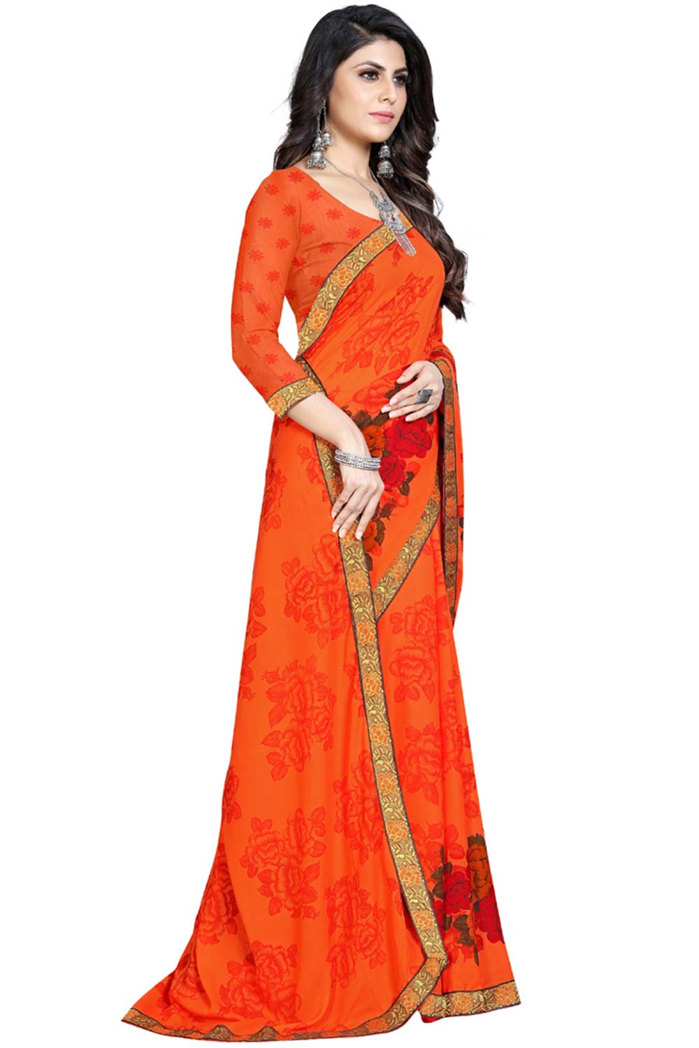 Buy Georgette Floral Printed Saree in Orange Online - Front