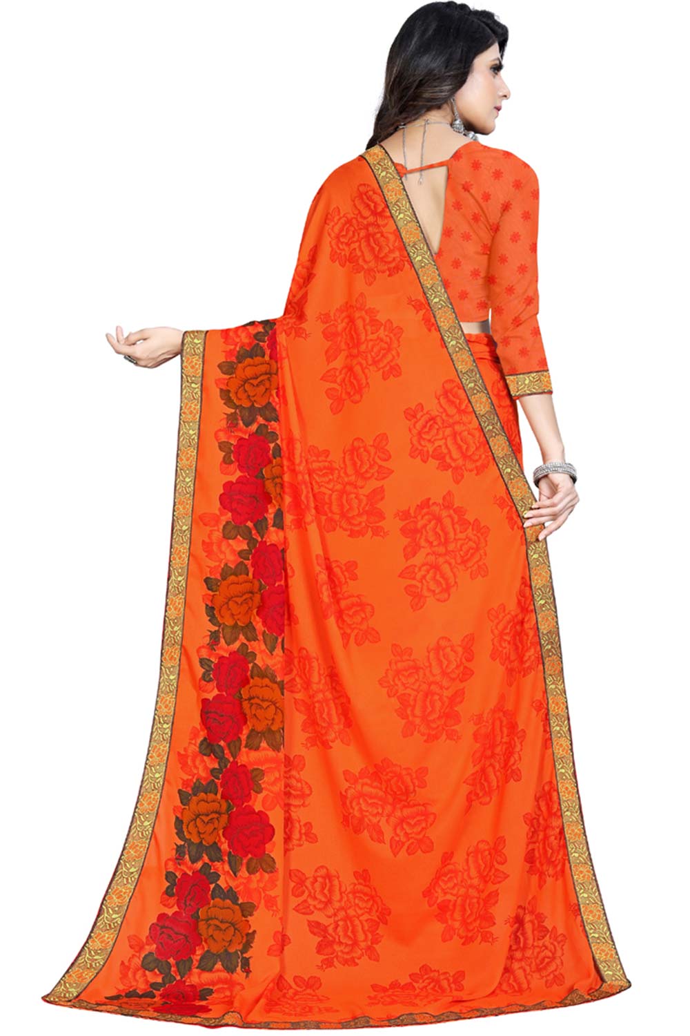 Buy Georgette Floral Printed Saree in Orange Online - Side