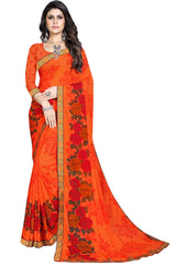 Buy Georgette Floral Printed Saree in Orange Online