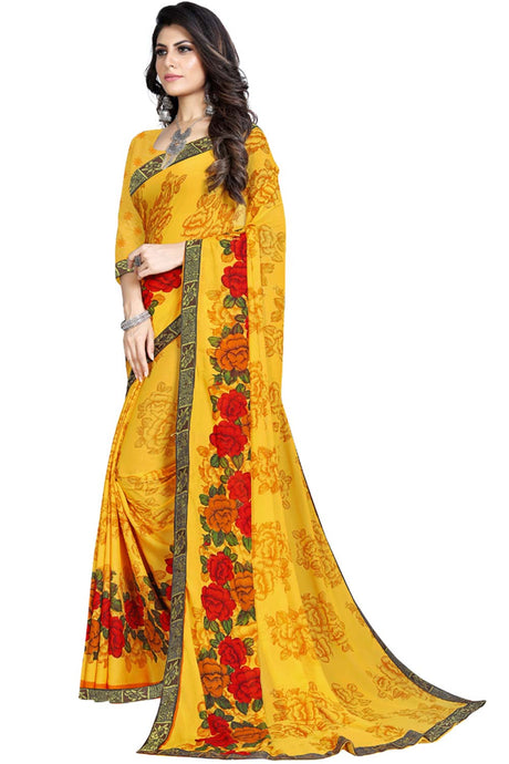 Buy Georgette Floral Printed Saree in Dark Yellow Online - Back