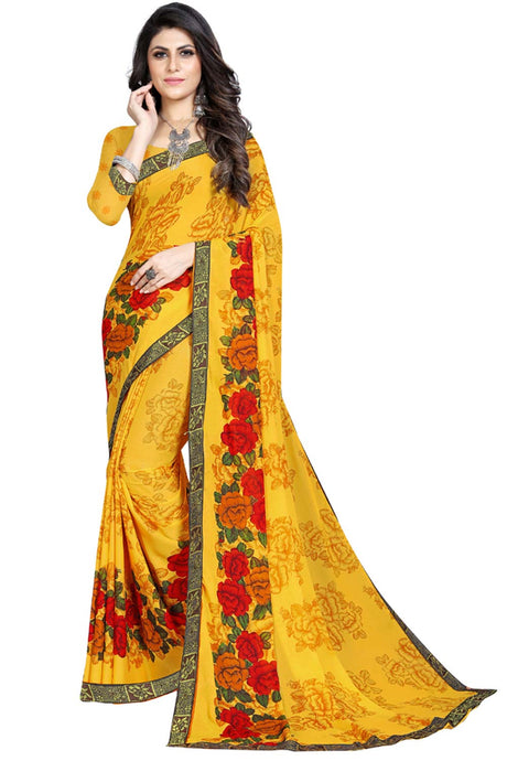 Buy Georgette Floral Printed Saree in Dark Yellow Online