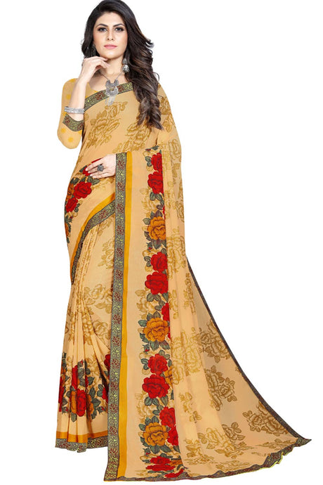 Buy Georgette Floral Printed Saree in Beige Online