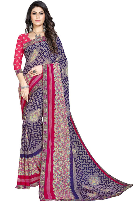 Buy Georgette Floral and Abstract Printed Saree in Purple Online