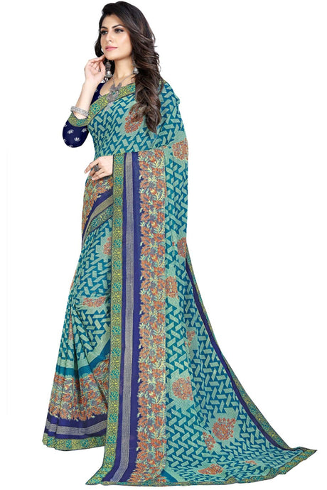 Buy Georgette Floral and Abstract Printed Saree in Sky Blue Online - Back