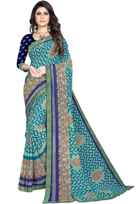 Buy Georgette Floral and Abstract Printed Saree in Sky Blue Online