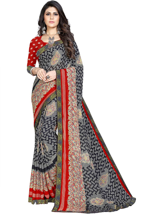 Buy Georgette Floral and Abstract Printed Saree in Black Online