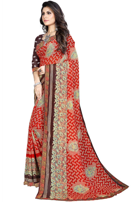 Buy Georgette Floral and Abstract Printed Saree in Red Online - Back