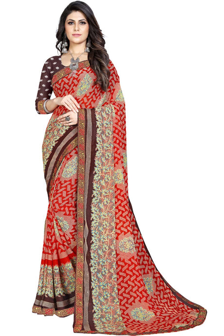 Buy Georgette Floral and Abstract Printed Saree in Red Online