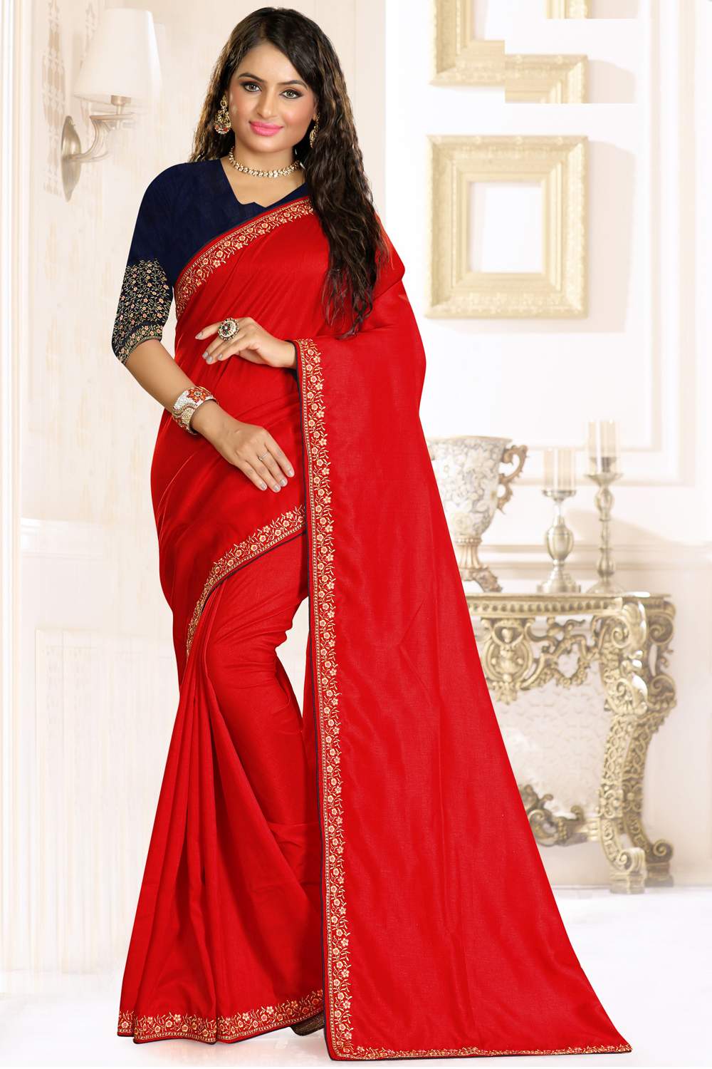 Buy Raw Silk Embroidery Saree in Red