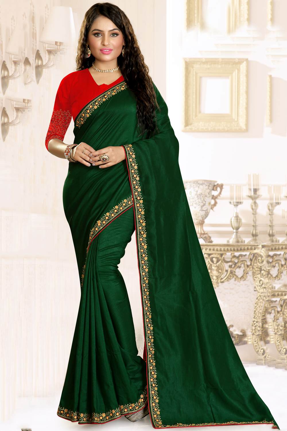 Buy Raw Silk Embroidery Saree in Green