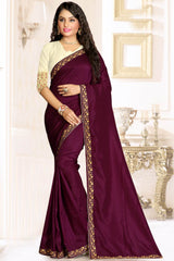 Buy Raw Silk Embroidery Saree in Wine