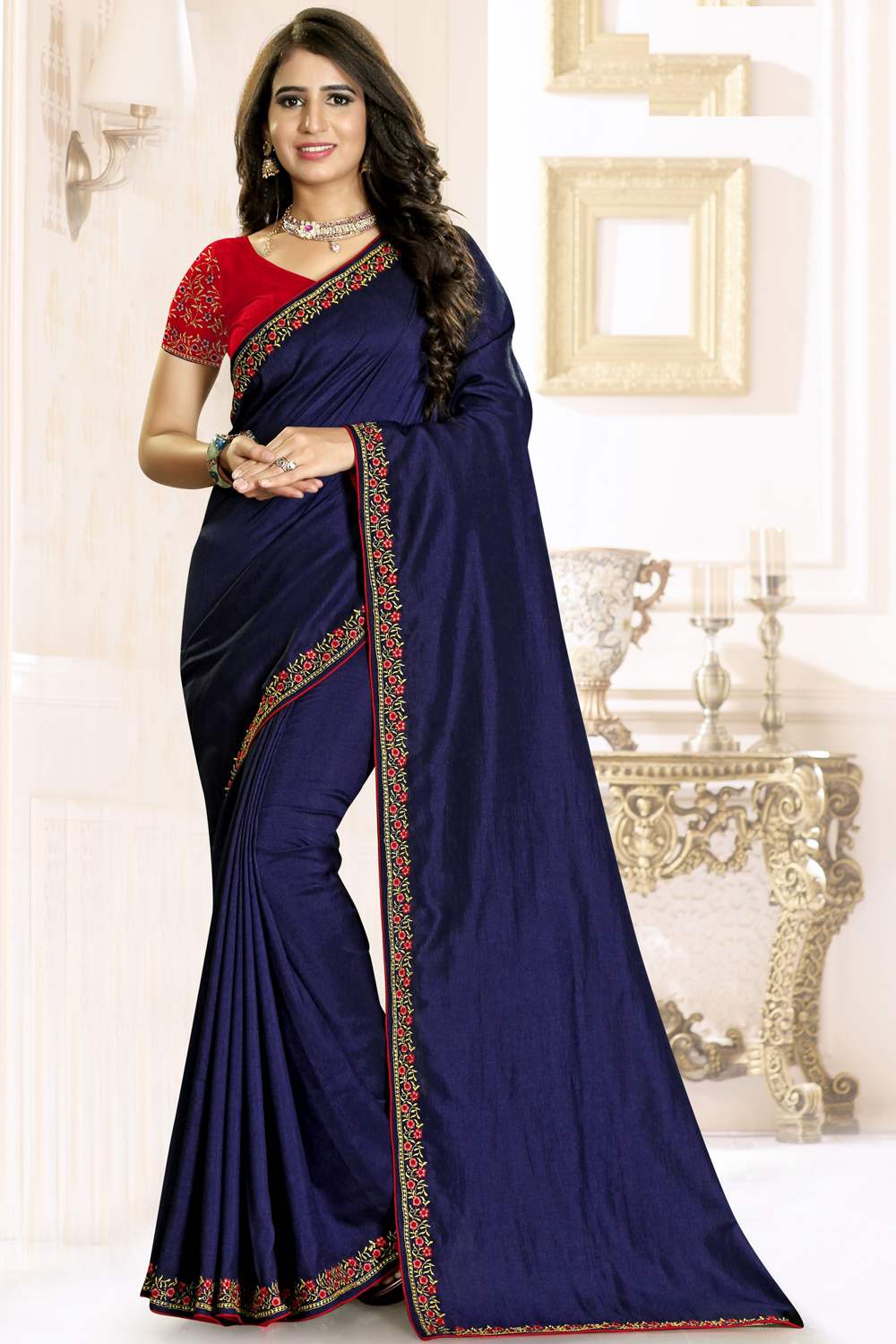 Buy Raw Silk Embroidery Saree in Navy Blue