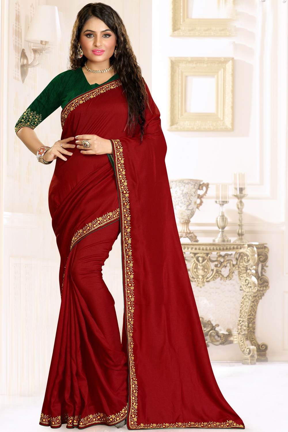 Buy Raw Silk Embroidery Saree in Dark Red