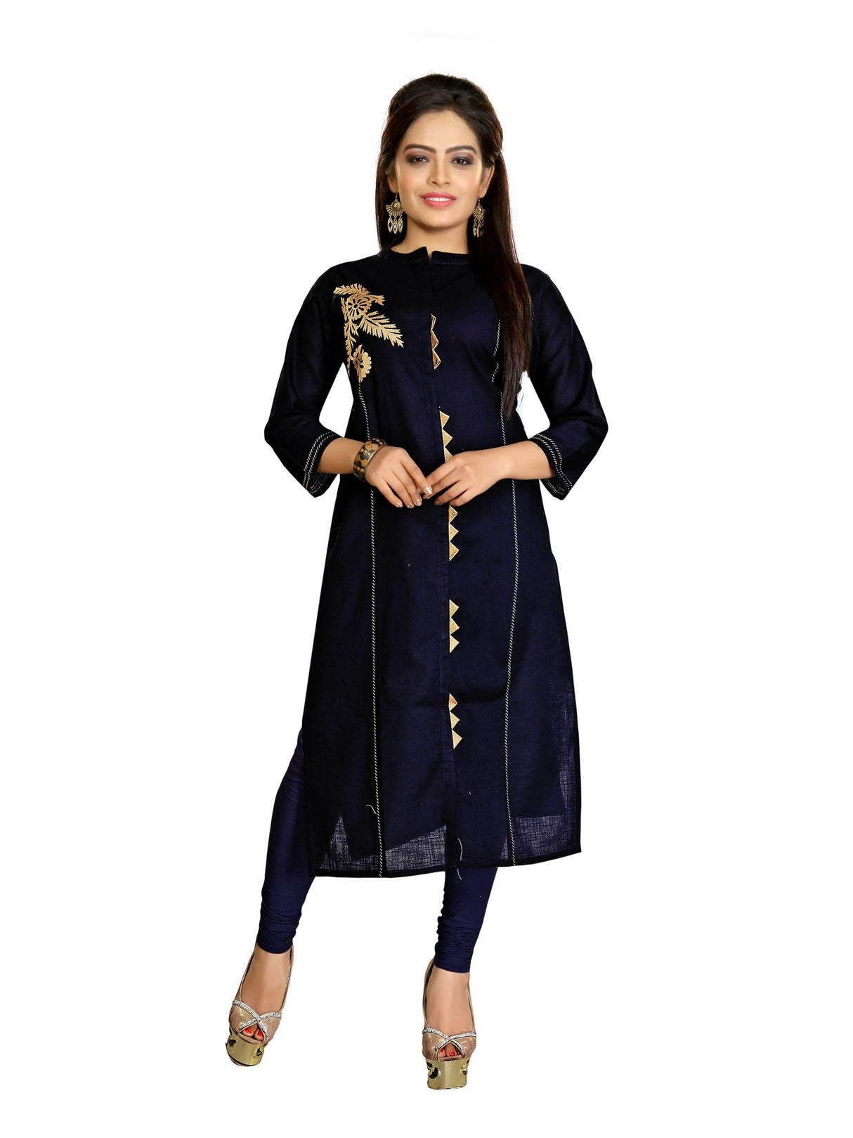 Cotton Patch Work Kurta Top In Royal Blue