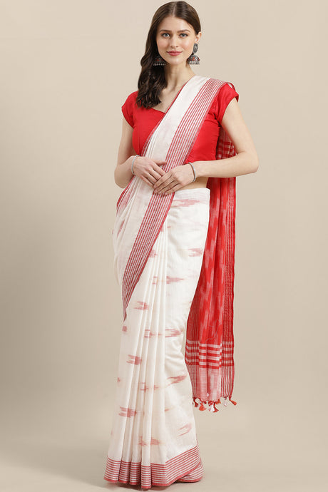 Buy Linen Woven Saree in White