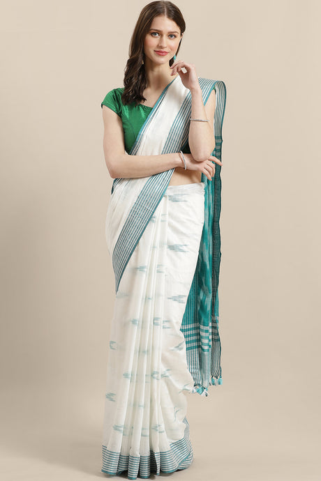 Buy Linen Woven Saree in White