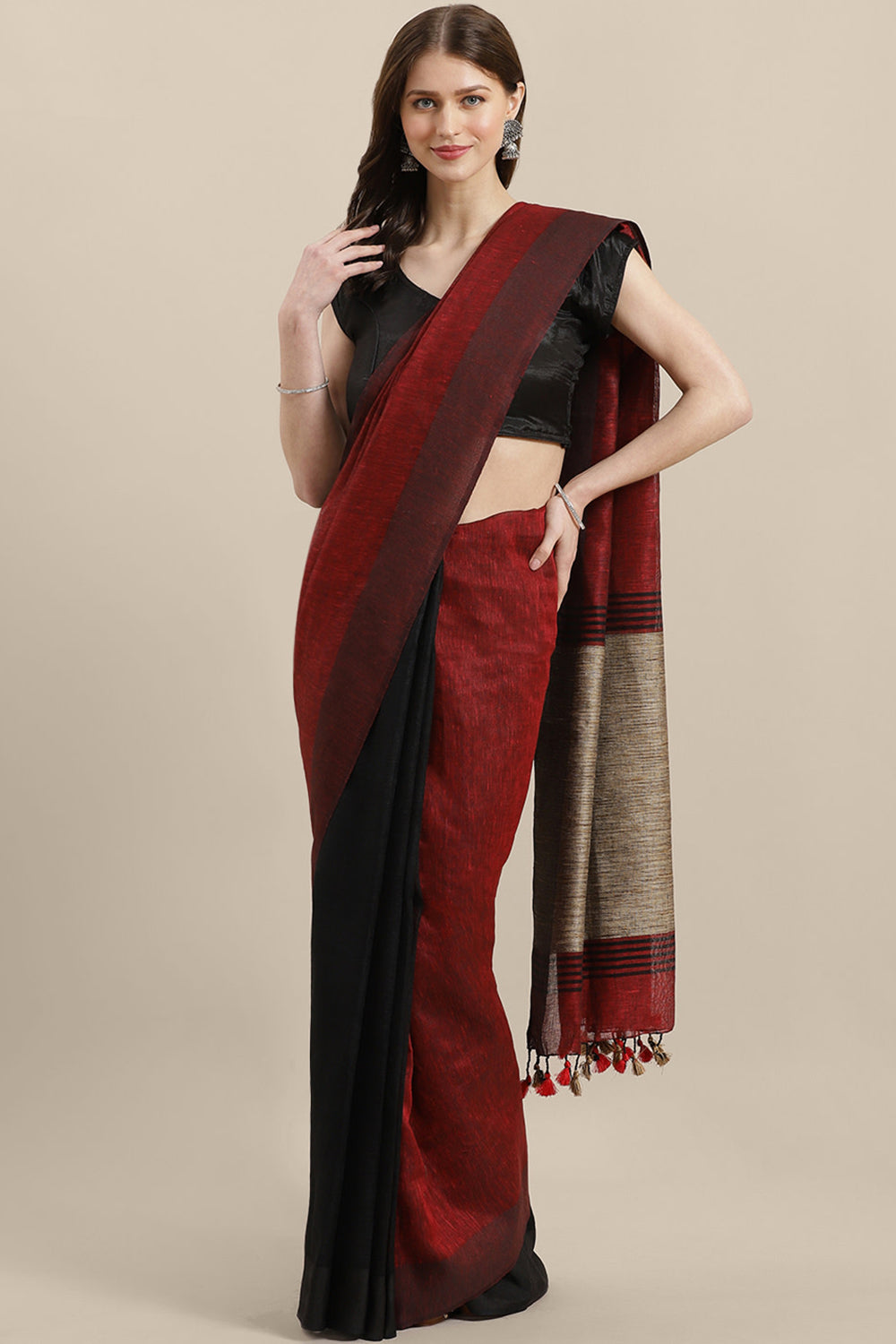 Buy Linen Woven Saree in Maroon