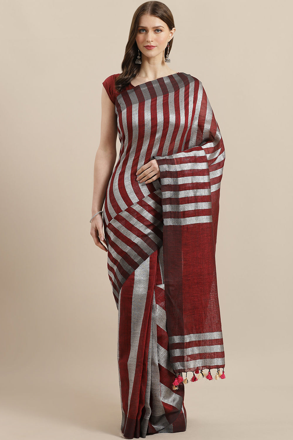 Buy Linen Woven Saree in Maroon