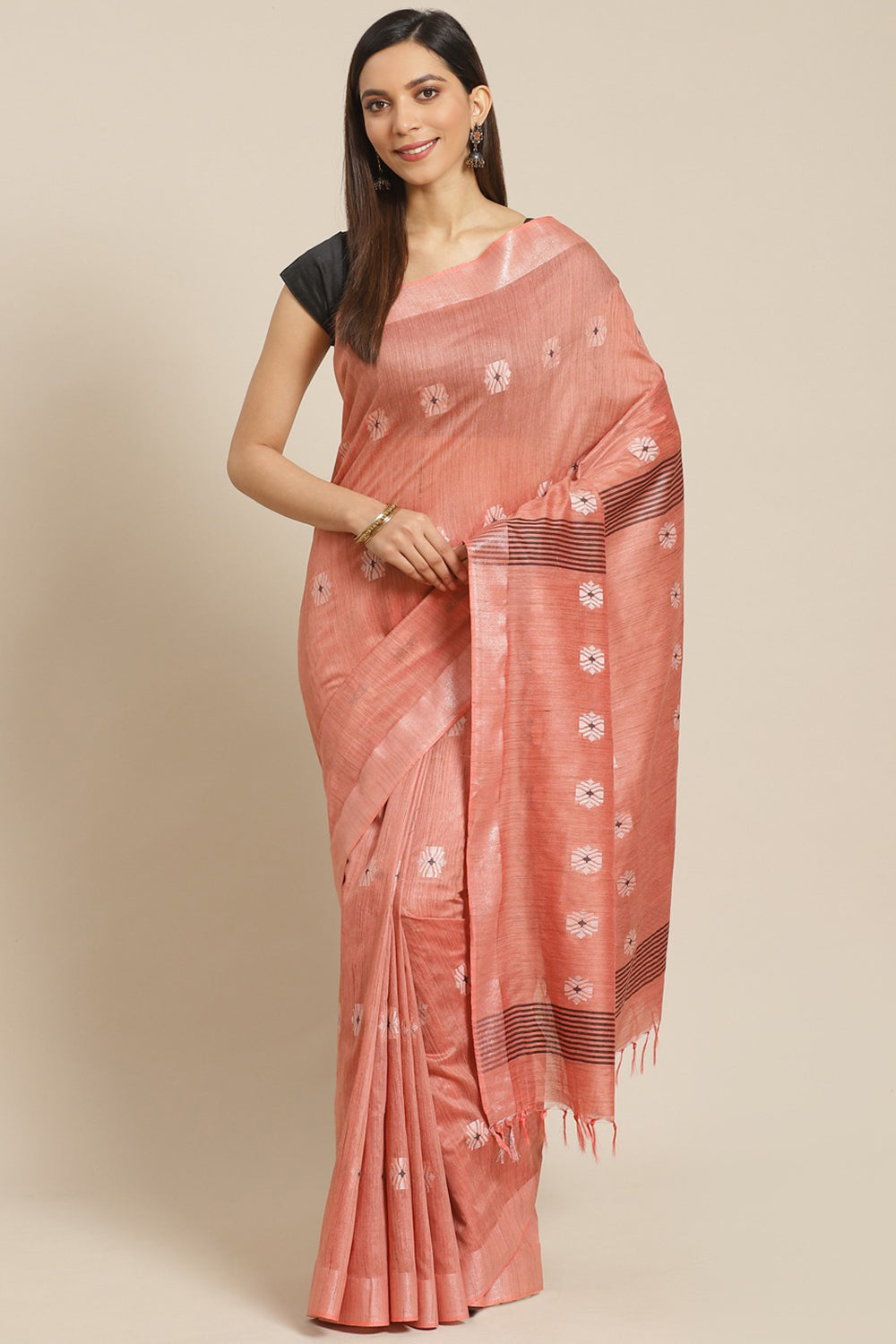 Buy Art Silk Woven Saree in Peach