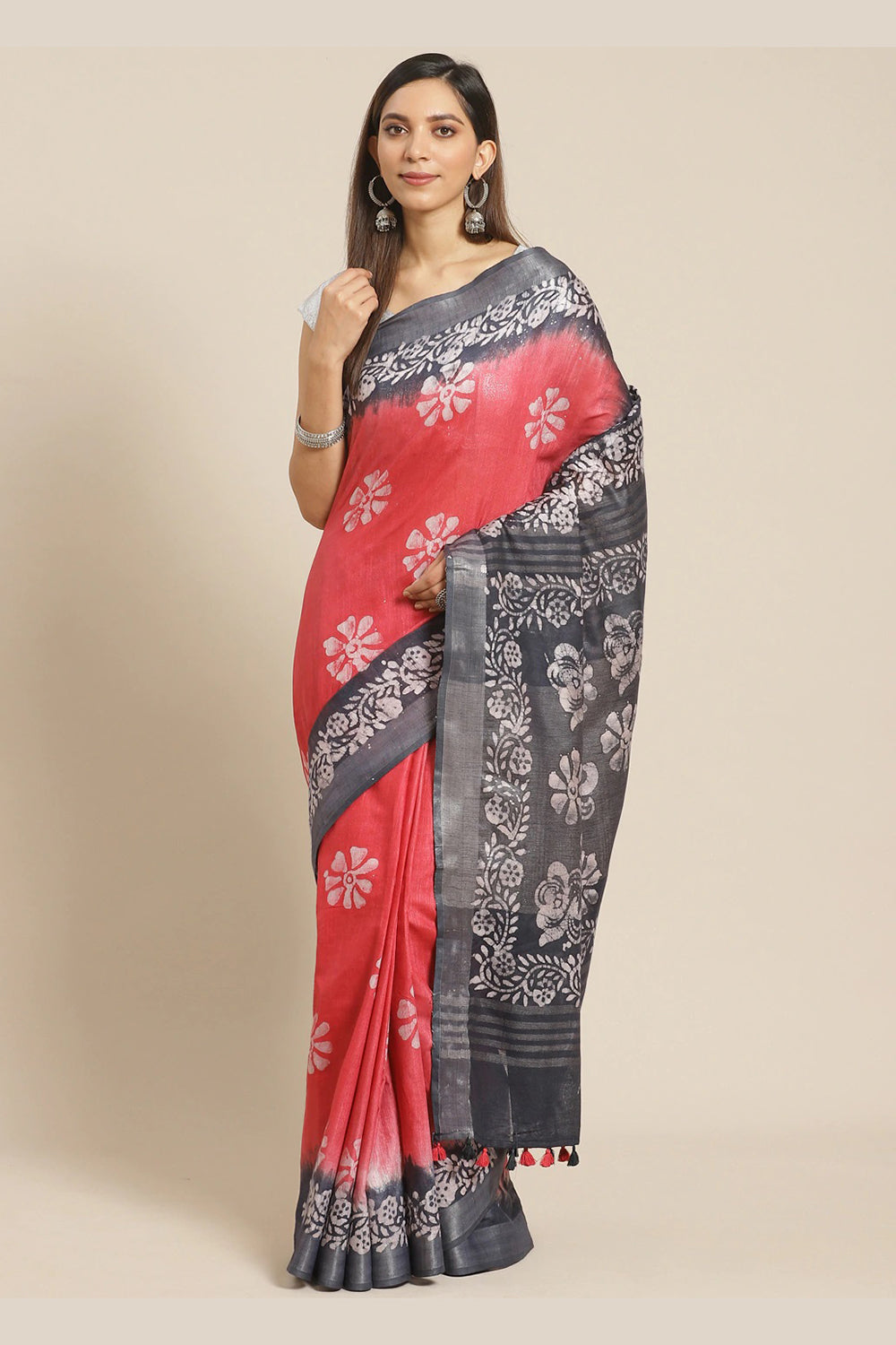 Buy Linen Batik Print Saree in Red