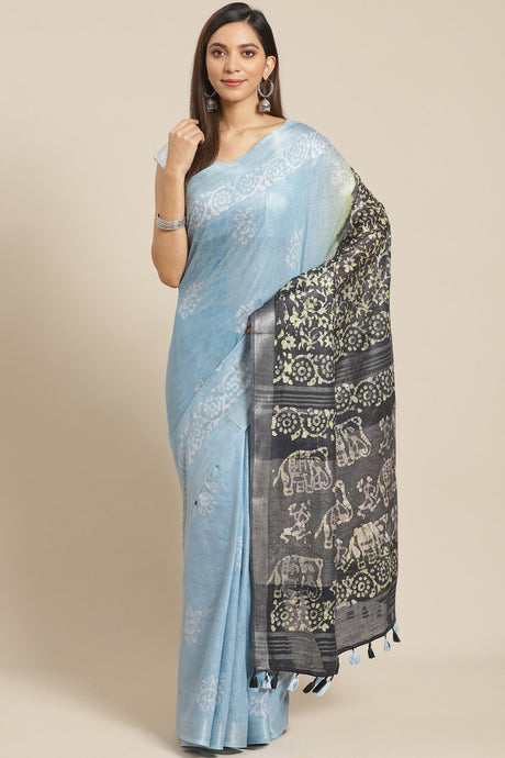 Buy Linen Batik Print Saree in Blue