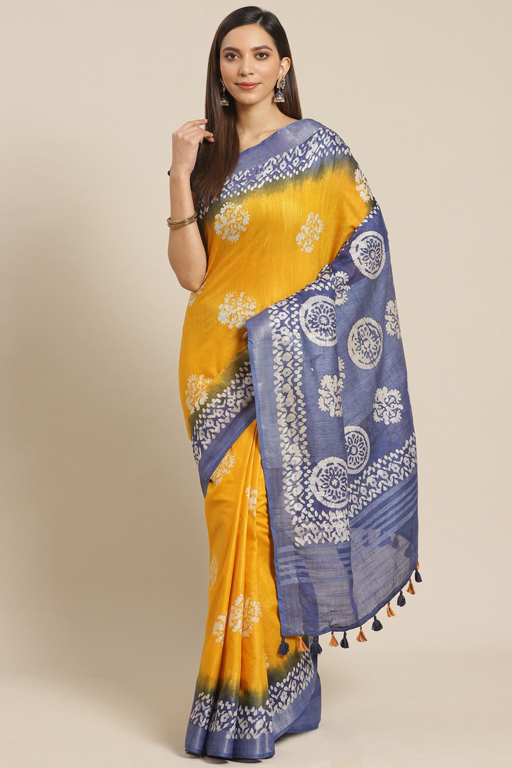 Buy Linen Batik Print Saree in Yellow