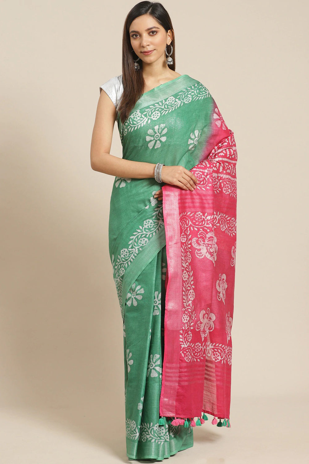 Buy Linen Batik Print Saree in Pink