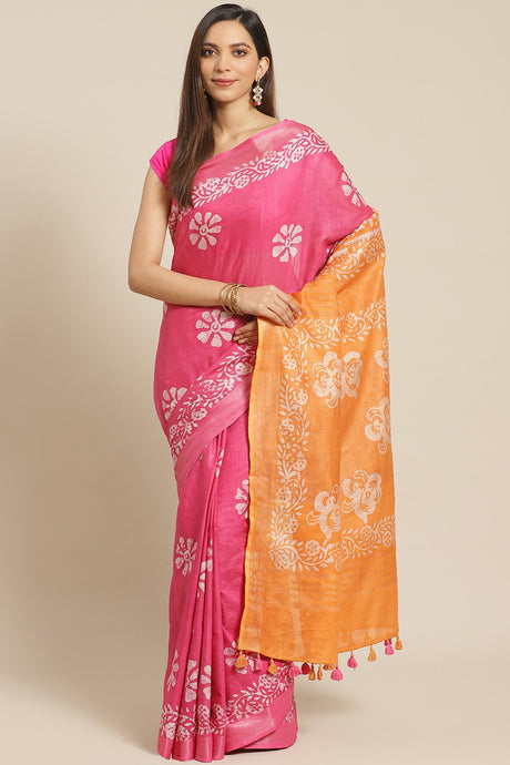 Buy Linen Batik Print Saree in Pink