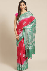 Buy Linen Batik Print Saree in Pink