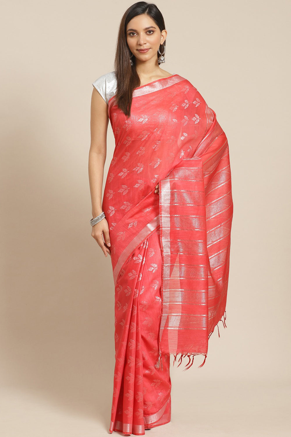 Buy Silk Woven Saree in Peach