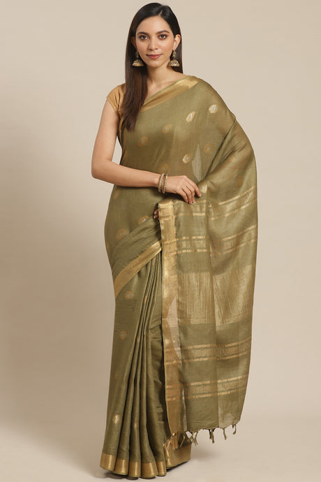 Buy Linen Woven Saree in Olive