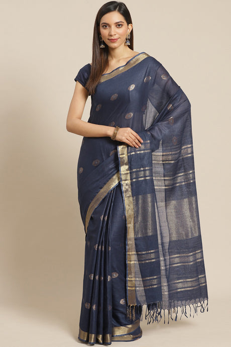 Buy Linen Woven Saree in Blue