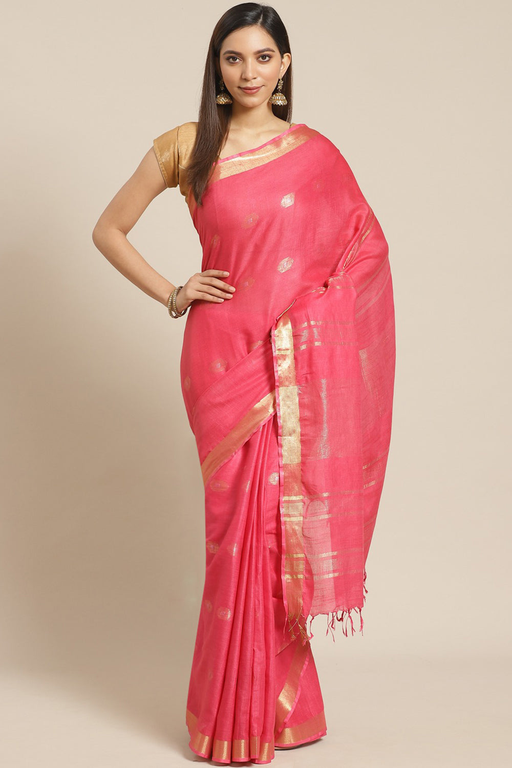 Buy Linen Woven Saree in Pink