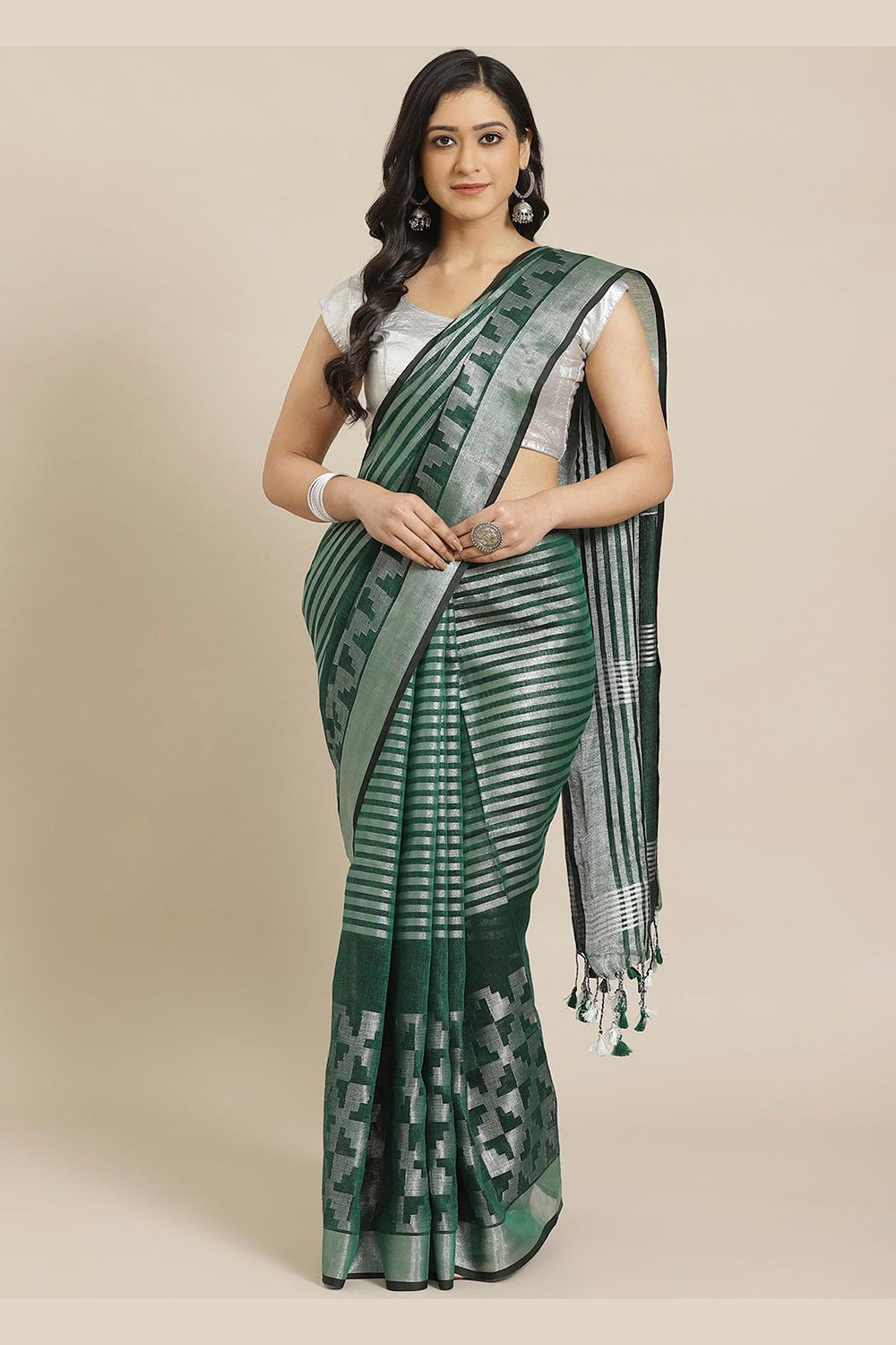 Buy Linen Woven Saree in Green