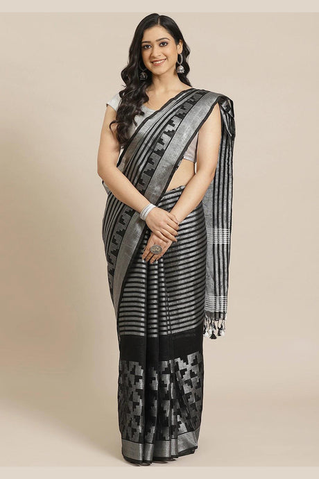 Buy Linen Woven Saree in Black