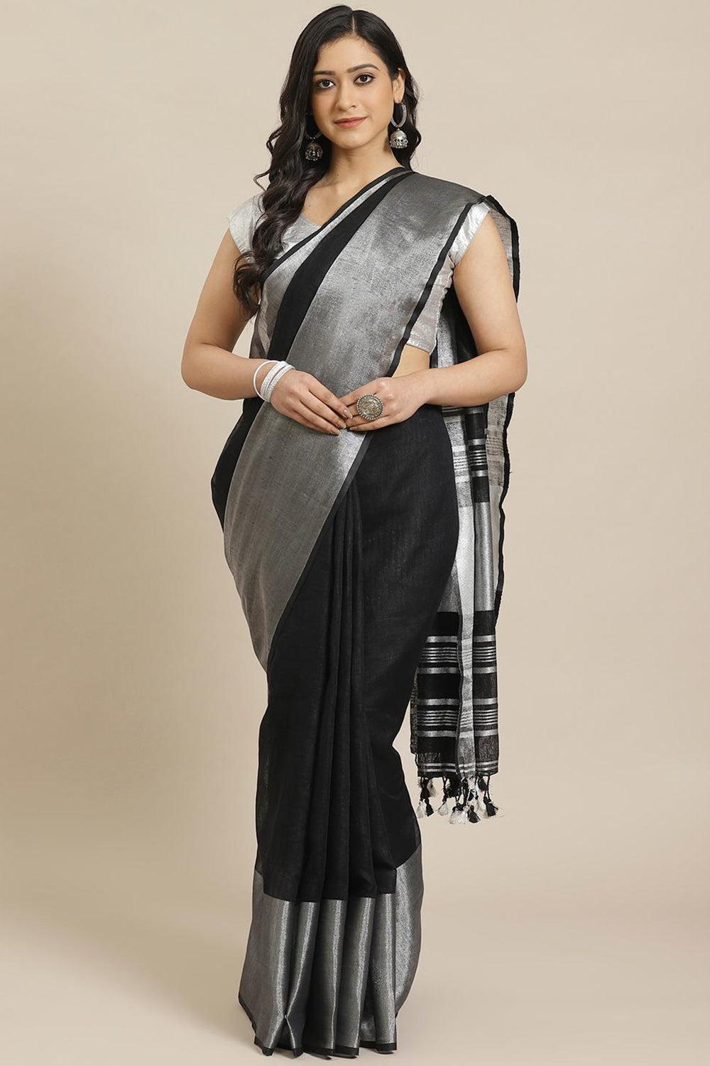 Buy Linen Woven Saree in Black